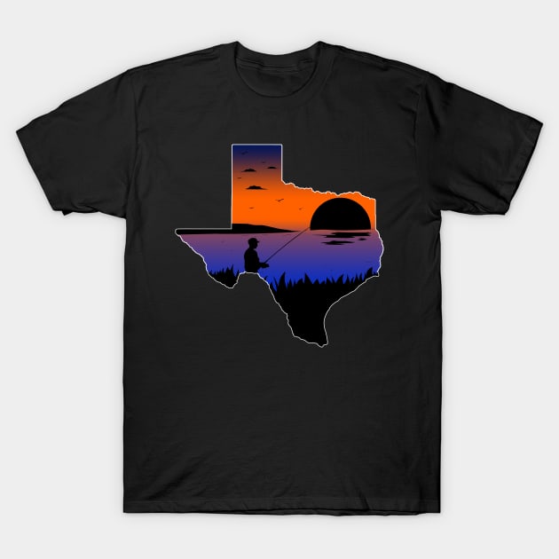 Texas Fishing Fisherman on the Lake at Sunset Silhouette T-Shirt by Sports Stars ⭐⭐⭐⭐⭐